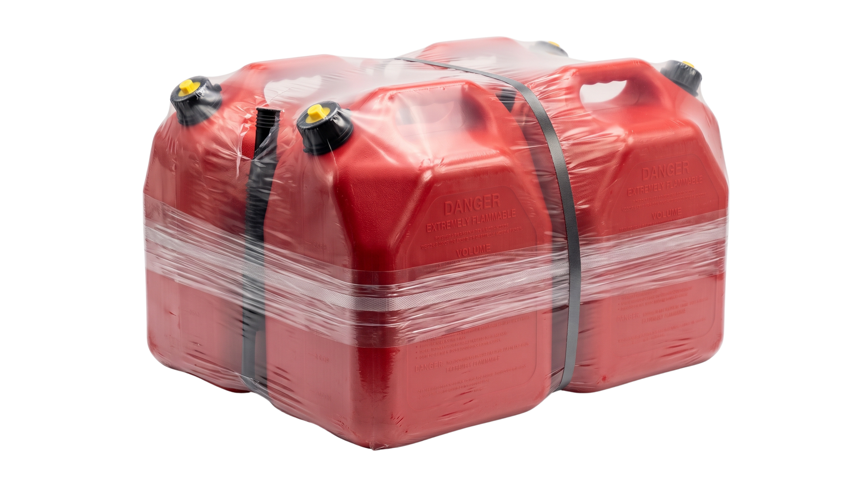 Gas cans bundled and shrink wrapped by Plexpack equipment