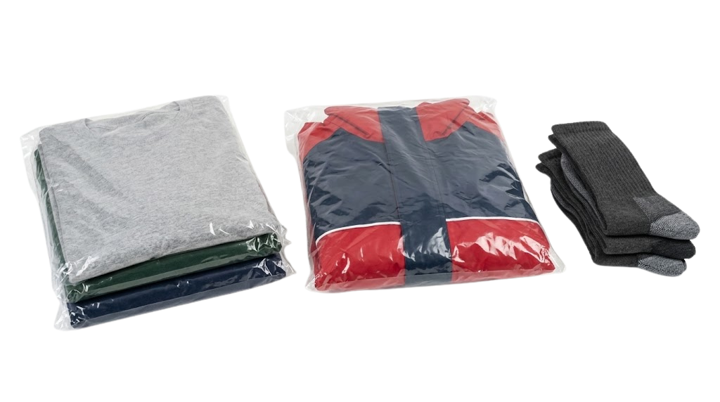 Clothing packaged and sealed for safe transportation by Plexpack equipment