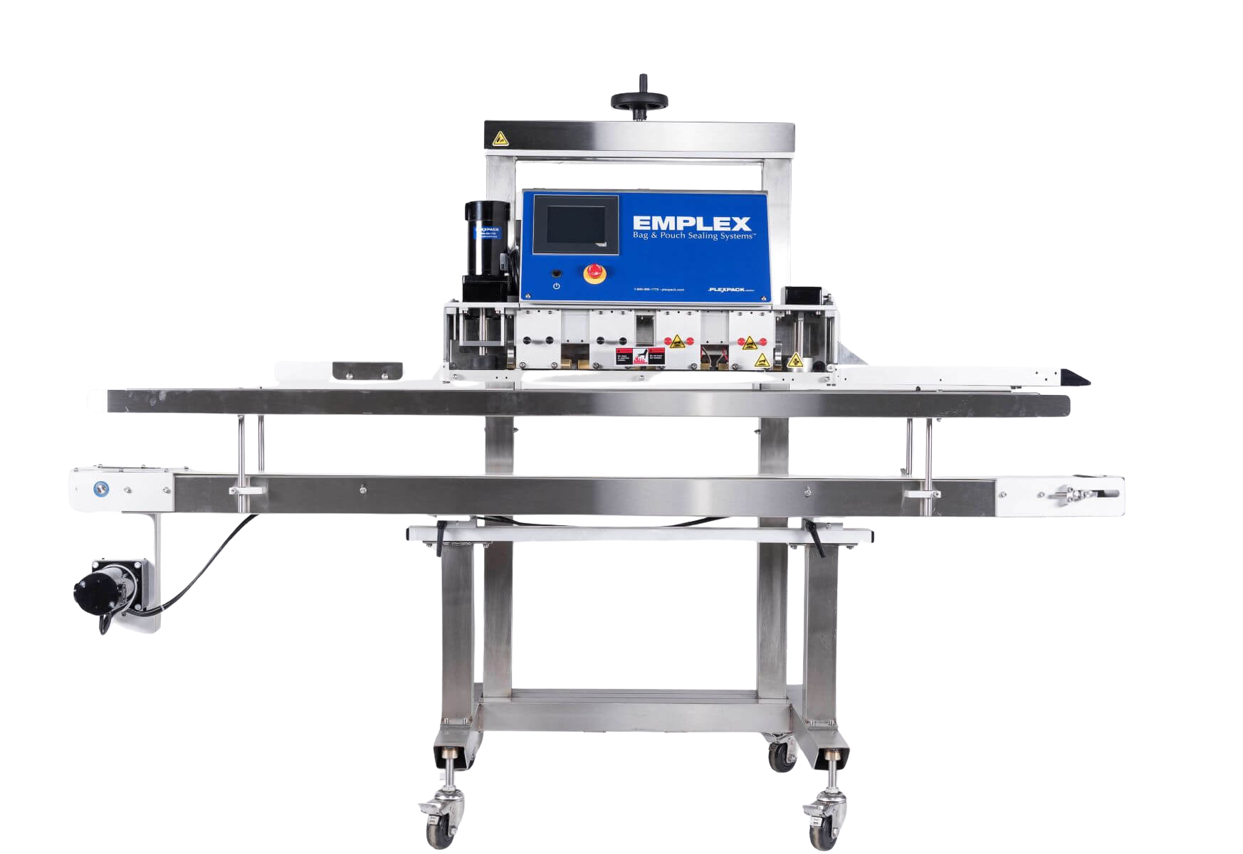 Emplex MPS Series continuous band bag sealer on a mobile conveyor stand