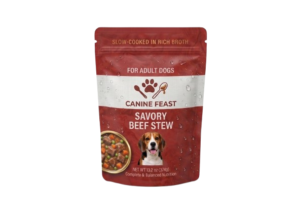 Wet dog food pouch ready for sealing