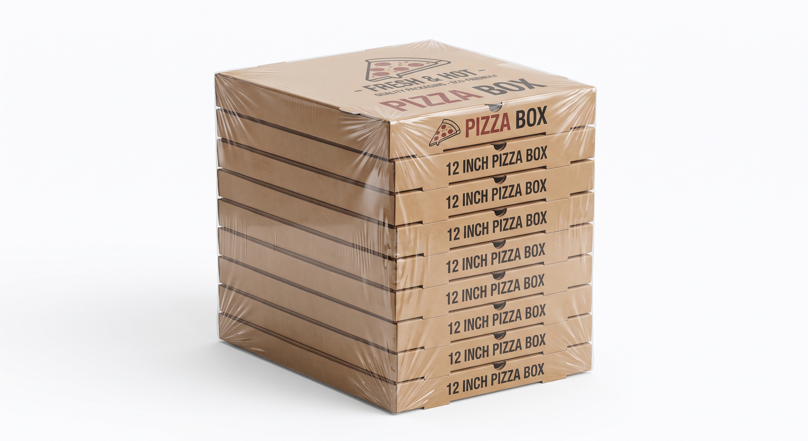 Pizza boxes bundled and shrink wrapped for restaurant distribution